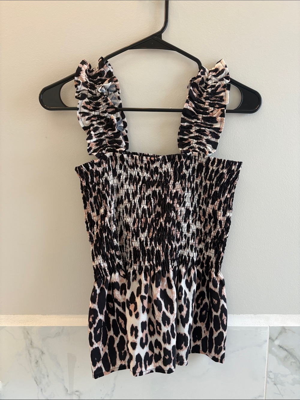 Smocked Leopard Print Ruffle Strap Top - Black, White, Beige